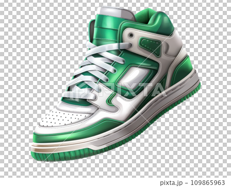a pair of white and green sneakers on a transparent background 109865963