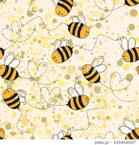 Seamless pattern with bees on color background. Small wasp. Vector illustration. Adorable cartoon character. Template design for invitation, cards, textile, fabric. Doodle style 109866007