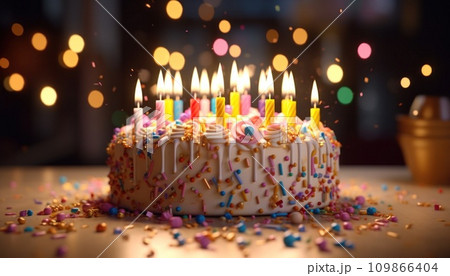 a cake with five candles surrounded by confetti a cake with five candles surrounded by confetti 109866404