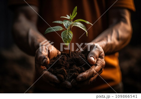 a man is holding a plant in soil a man is holding a plant in soil 109866541