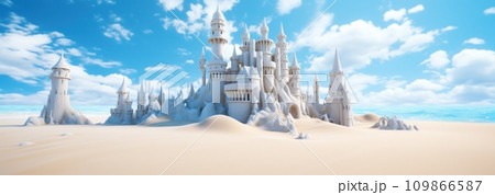a sand castle on a beach with blue sky a sand castle on a beach with blue sky 109866587