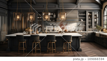 a large kitchen with a marble island and gold pendant lights 109866594