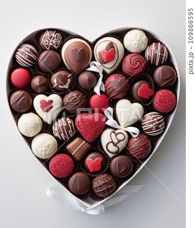 a large box containing chocolates including several hearts 109866595