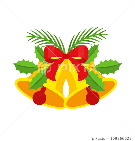 Two Christmas bells with red bow and leaf decor. 109866625