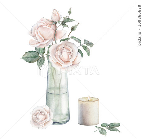 Watercolor composition from peach fuzz color roses and green leaves in glass jar and candle. Hand drawn illustration isolated background. Element painted natural plant twigs with light rose for design 109866629