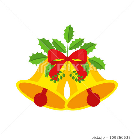 Two Christmas bells with red bow and leaf decor. Two Christmas bells with red bow and leaf decor. 109866632
