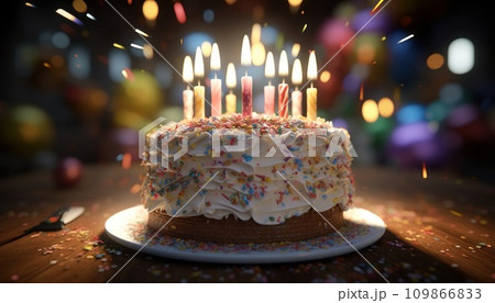 a cake with five candles surrounded by confetti a cake with five candles surrounded by confetti 109866833