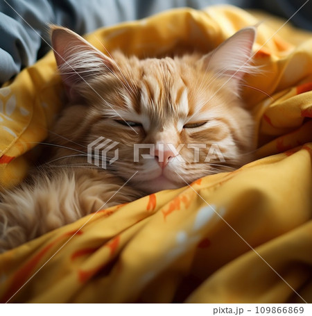 a sleeping orange cat in bed a sleeping orange cat in bed 109866869