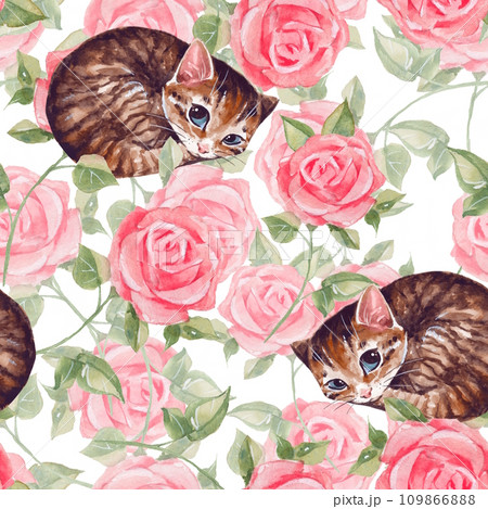 Seamless pattern with cute sleepy cat and pink rose flowers. Watercolor design for background, wrapping paper, cards, textile 109866888