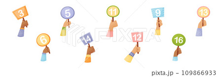 Numbers in Raised Up Hands as Numeric Scorecard for Judge Competition Vector Set 109866933