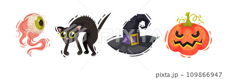 Halloween with Eye, Cat, Witch Hat and Pumpkin Vector Set 109866947