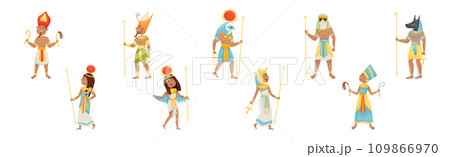 Egyptian Pharaoh and Deities Wearing Antique Clothing Vector Set 109866970