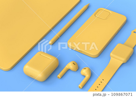 Computer tablet with stylus, smart watch, phone and headphones on black. 109867071