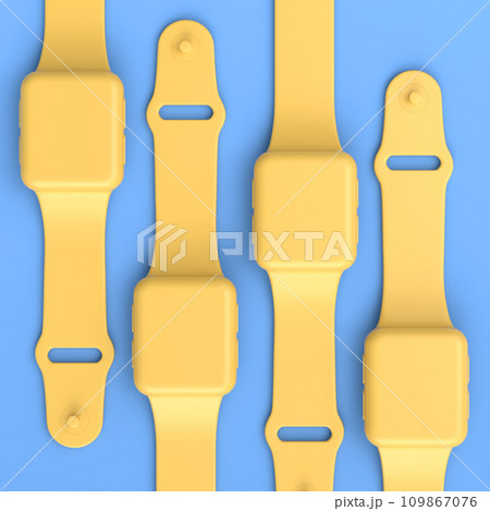 Stack of smart watches with colorful straps on black background. 109867076