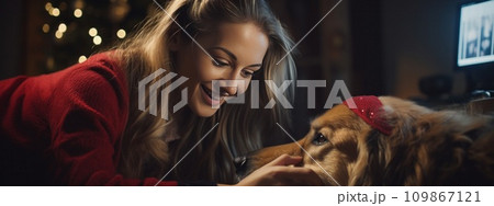 a woman leans out of the laptop to her dog 109867121