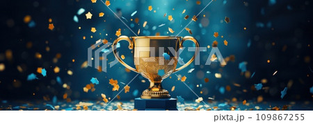 a trophy on a blue background with confetti scattered around 109867255