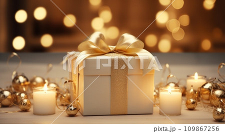 christmas present with a gold ribbon with a candle 109867256