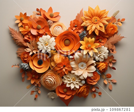 an orange background has flowers arranged in a heart shape on it an orange background has flowers arranged in a heart shape on it 109867281