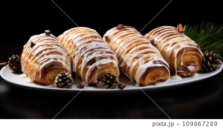 christmas gin flavored pastries roll with pine cones and christmas ornaments christmas gin flavored pastries roll with pine cones and christmas ornaments 109867289