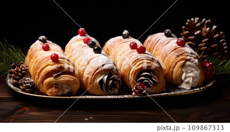 christmas gin flavored pastries roll with pine cones and christmas ornaments christmas gin flavored pastries roll with pine cones and christmas ornaments 109867313
