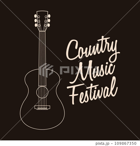 Lettering Country Music Festival and acoustic guitar silhouette. Music poster, black and white illustration, vector 109867350