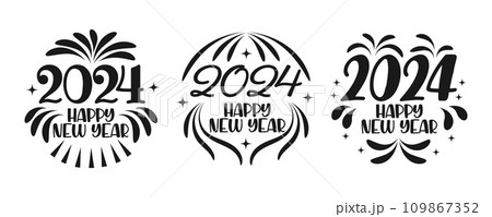Set of festive round letterings. Black hand lettering 2024 Happy New Year. Illustration, vector 109867352