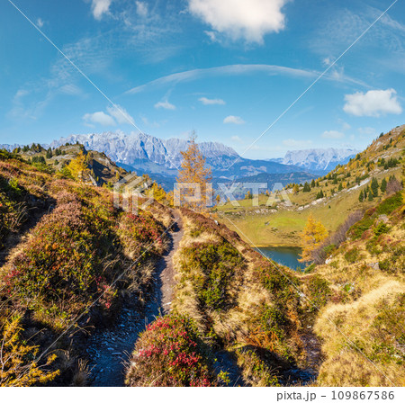 Autumn alpine Grosser Paarsee or Paarseen lake, Land Salzburg, Austria. Alps Hochkonig rocky mountain group view in far. Autumn alpine Grosser Paarsee or Paarseen lake, Land Salzburg, Austria. Alps Hochkonig rocky mountain group view in far. 109867586