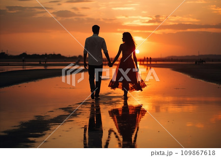 Romantic Beach: A serene beach scene with a couple walking hand in hand along the water. Romantic Beach: A serene beach scene with a couple walking hand in hand along the water. 109867618