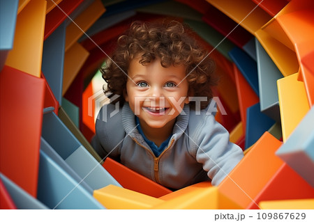Cheerful happy Child Delightedly Engaging in Play with Vibrantly Colored Building Blocks 109867629