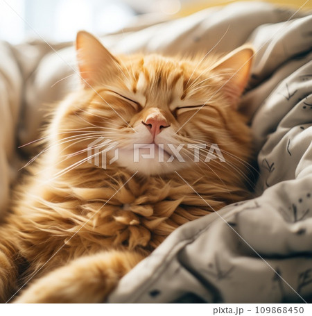 cute orange cat sleeping inside a bed with his eyes shut cute orange cat sleeping inside a bed with his eyes shut 109868450