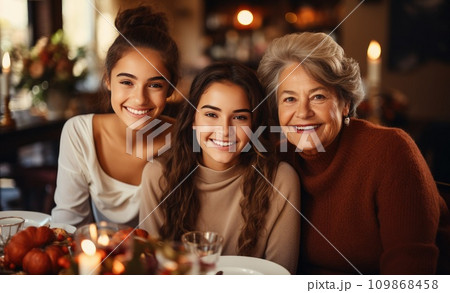 thankful grandmother is eating dinner with her three grandkids thankful grandmother is eating dinner with her three grandkids 109868458