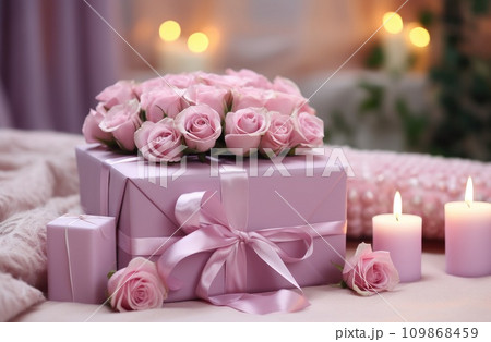 valentine day gift box with roses and bow valentine day gift box with roses and bow 109868459