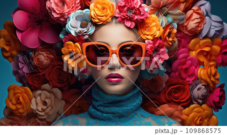 the girl is wearing sunglasses and flowers on her head the girl is wearing sunglasses and flowers on her head 109868575