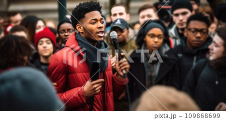 a young black man with microphones talking to a crowd 109868699