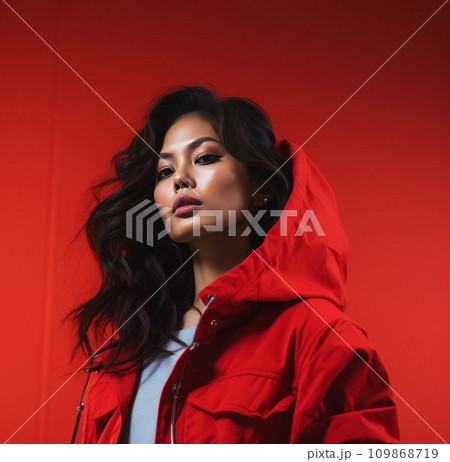 a young asian woman with a red jacket posing on a red background a young asian woman with a red jacket posing on a red background 109868719