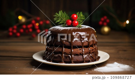 chocolate christmas pudding on a wooden surface chocolate christmas pudding on a wooden surface 109868727