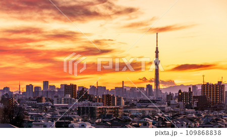 「東京都」美しい都会の夕空と東京スカイツリー 109868838