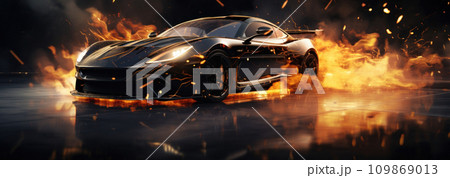 black fast sports car with flames coming out of its engine 109869013