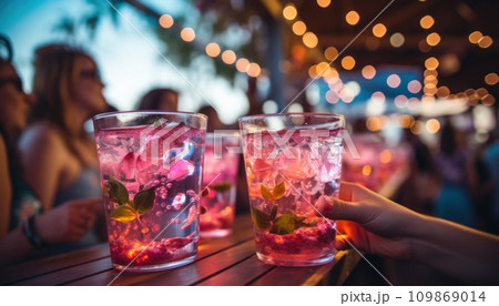 people in a party drinking glasses of sangria in background with colorful lights people in a party drinking glasses of sangria in background with colorful lights 109869014