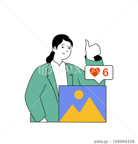 Social network concept with cartoon people in flat design for web. Woman posting new photo and getting positive reactions from friends. Vector illustration for social media banner, marketing material. 109869108