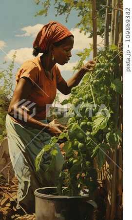 Gardener works in her garden with tomato bushes 109869382
