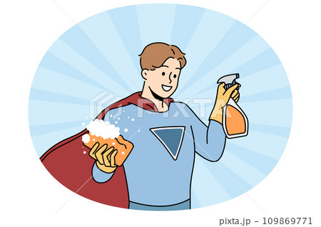 Smiling male housekeeper with washcloth and detergent Smiling male housekeeper with washcloth and detergent 109869771