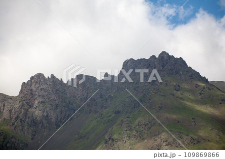 Landscape high mountains in dense fog tops of mountains in clouds North Caucasus Elbrus 109869866