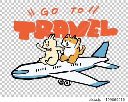 GO TO TRAVEL 飛行機　ジェット機とうさぎと犬のイラスト 109869916