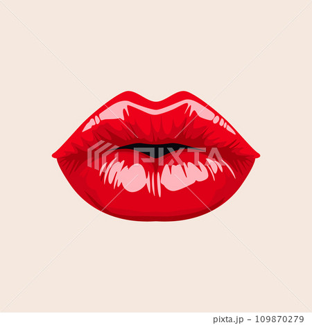 Flat Vector Red Female Lips Icon Closeup. Woman Lips Giving Kisses. Kiss, Love, Sexy and Beauty Concept. Modern Pop Art Cartoon Comic Style, Simple Design 109870279