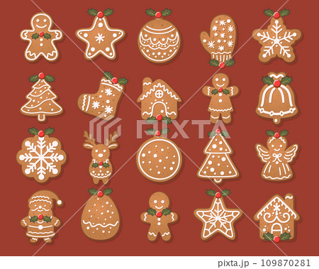 Flat Vector Gingerbread Set. Christmas Icons. Gingerbread Design Template, Holiday Winter Symbol. New Year Cookies, Sweets Concept. Vector illustration 109870281
