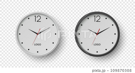 Vector 3d Round Wall Office Clock with White, Black Clock Dial Set Closeup Isolated. Watches, Design Template, Mock-up for Branding, Advertise. Vector Simple Minimalistic Clocks, Watches in Front View 109870308