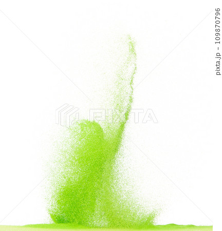 Small size green Sand flying explosion, vegetable sands grain wave explode. Abstract cloud fly. Green colored sand splash throwing in Air. White background Isolated high speed shutter, throwing freeze 109870796