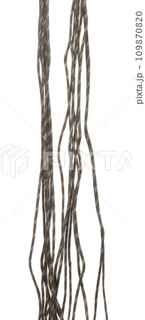 Line Climbing Rope roll fly in air. Strong safety climbing rope for sport mountain hobby, need safety gear to lock hold weight of climber rope. White background isolated 109870820