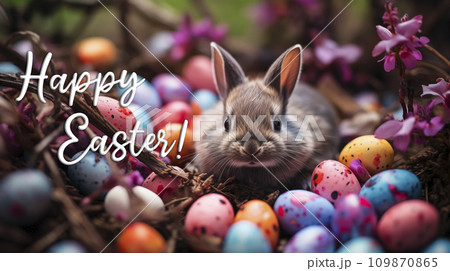AI-generated content. Postcard 'Happy Easter' with Text. Cute Little Gray Bunny Sitting in Flowers Among Colorful Easter Quail Eggs. Greeting Postal Card, Horizontal Background Pascha or Resurrection AI-generated content. Postcard 'Happy Easter' with Text. Cute Little Gray Bunny Sitting in Flowers Among Colorful Easter Quail Eggs. Greeting Postal Card, Horizontal Background Pascha or Resurrection 109870865